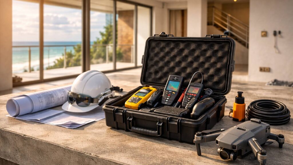 Professional inspection equipment including drone thermal camera and diagnostic tools inside luxury beachfront condominium