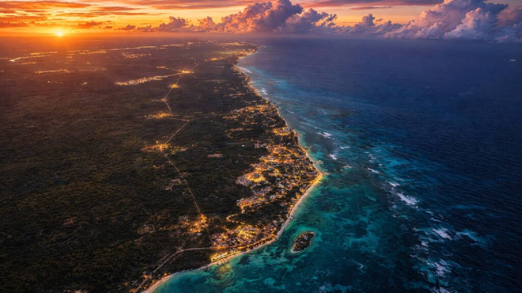 Aerial view of the Mexican Caribbean coastline at sunset showing the Riviera Maya development corridor