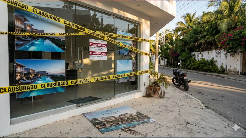 Real estate marketing office in Tulum shut down by authorities with CLAUSURADO tape across storefront