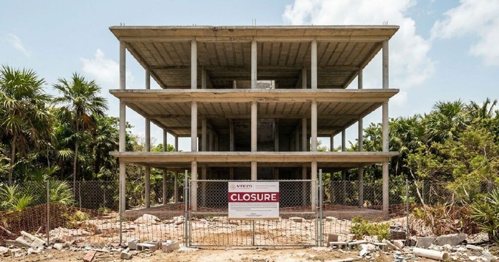 Abandoned concrete development in Tulum with government closure notice — Tulum real estate shutdown Quintana Roo
