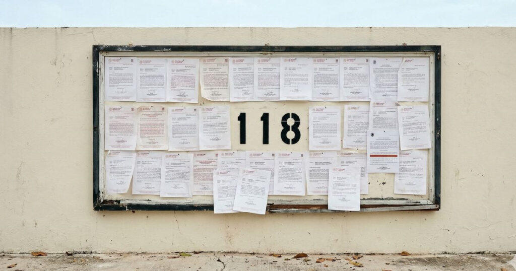 Official government bulletin board showing 118 flagged irregular real estate developments in Quintana Roo Mexico