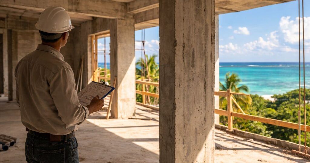 Inspector examining unfinished construction in Mexico — home inspection versus due diligence for international property buyers