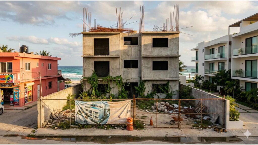 Abandoned unfinished condominium — Mexico real estate inspection risk in Riviera Maya