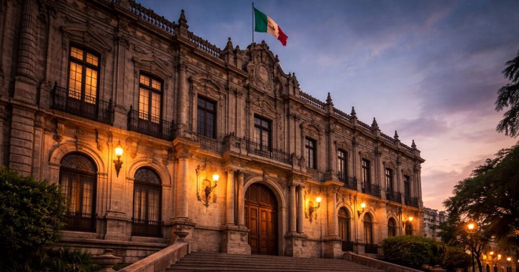Colonial government building at dusk — Mexico real estate closing process managed by federally appointed Notario Público
