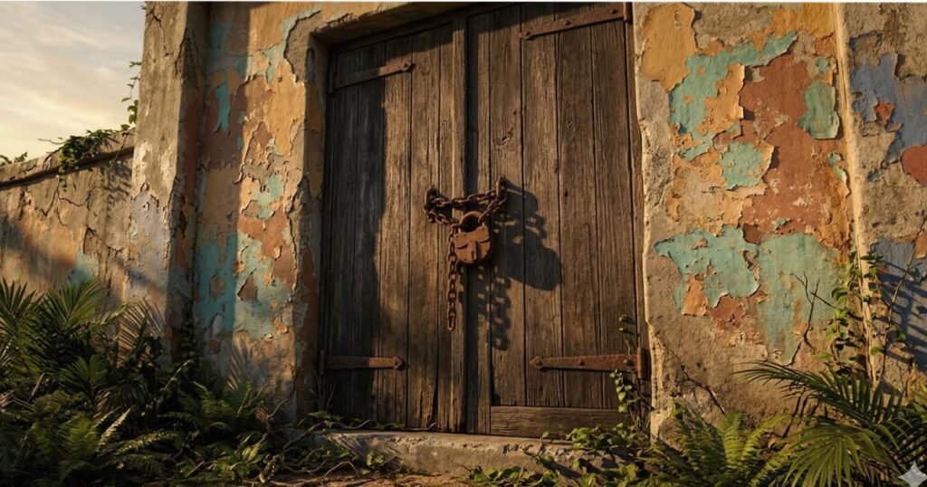 Locked door on abandoned tropical property — Ad Corpus Mexico transfers all risk to the buyer at signing