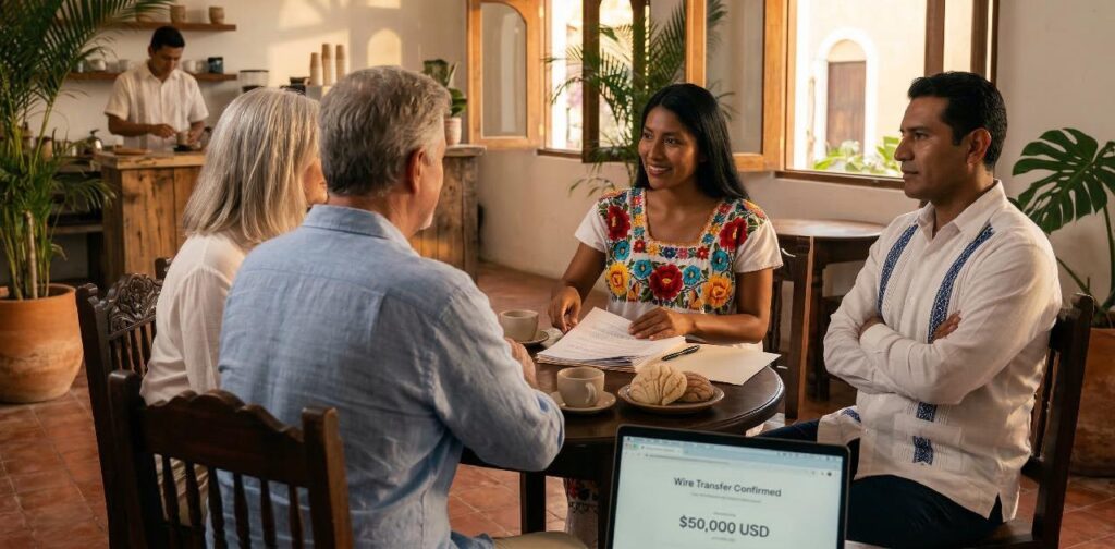 A retired Canadian couple meets with a realtor and attorney at a Yucatán coffee shop to discuss a Mexico real estate deposit — a wire transfer confirmation for $50,000 USD is visible on the laptop screen.